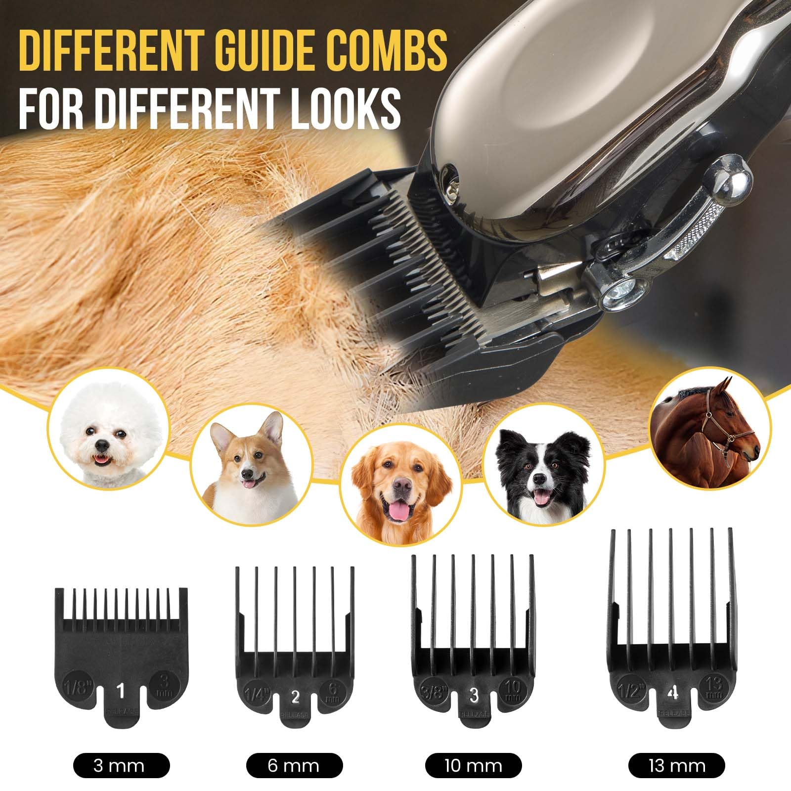 Ciphuoly horse clippers with four guide guards for customizable coat lengths.