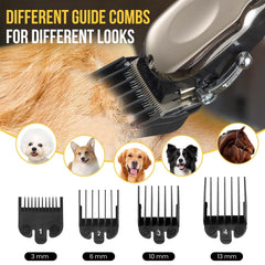 Ciphuoly horse clippers with four guide guards for customizable coat lengths.