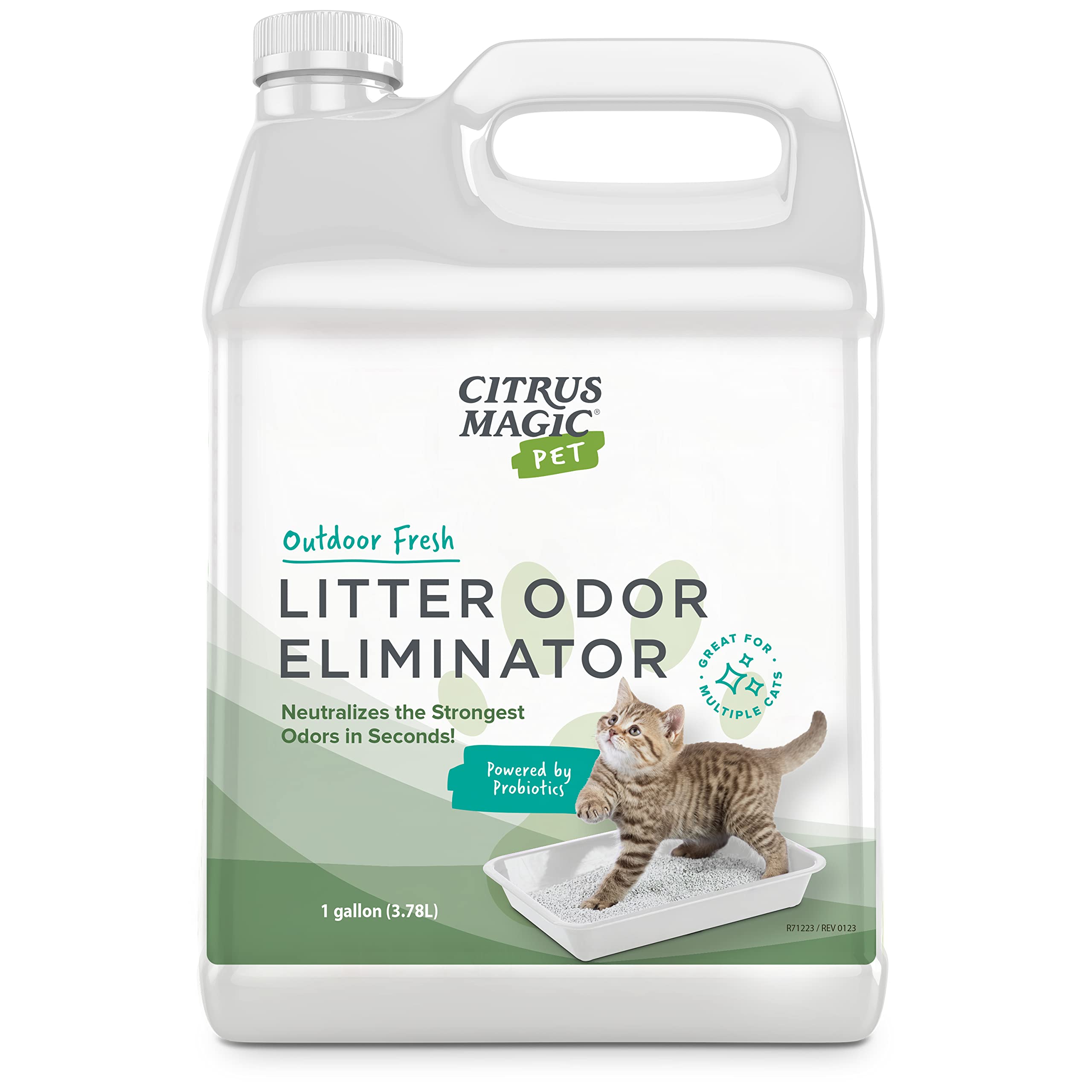 Citrus Magic Pet Probiotic Litter Odor Eliminator spray bottle neutralizes litter odors around cat boxes