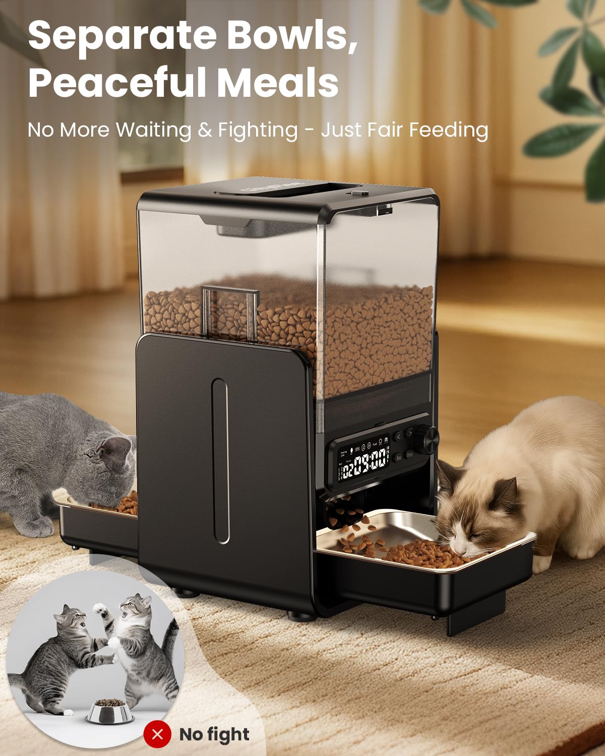 CityFlee automatic feeder side view highlights dual-height bowls for comfortable dining.