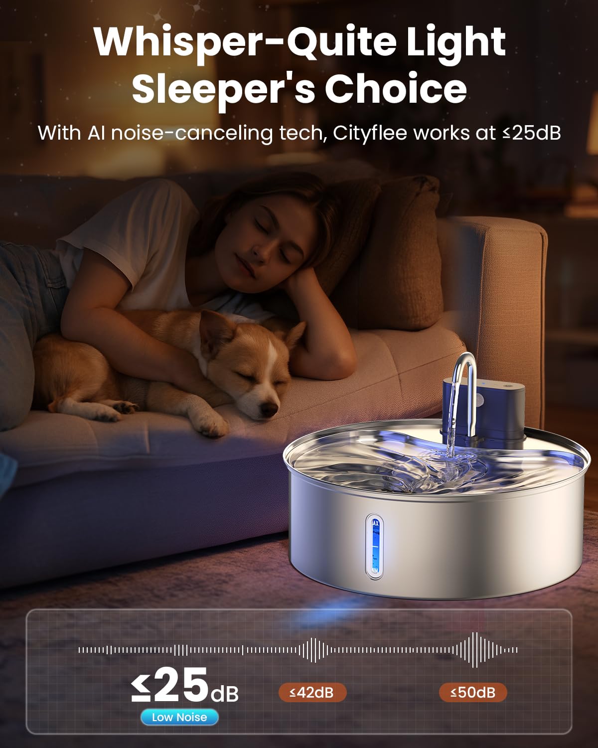Cityflee wireless dog water fountain ultra-quiet pump keeps nighttime hours peaceful