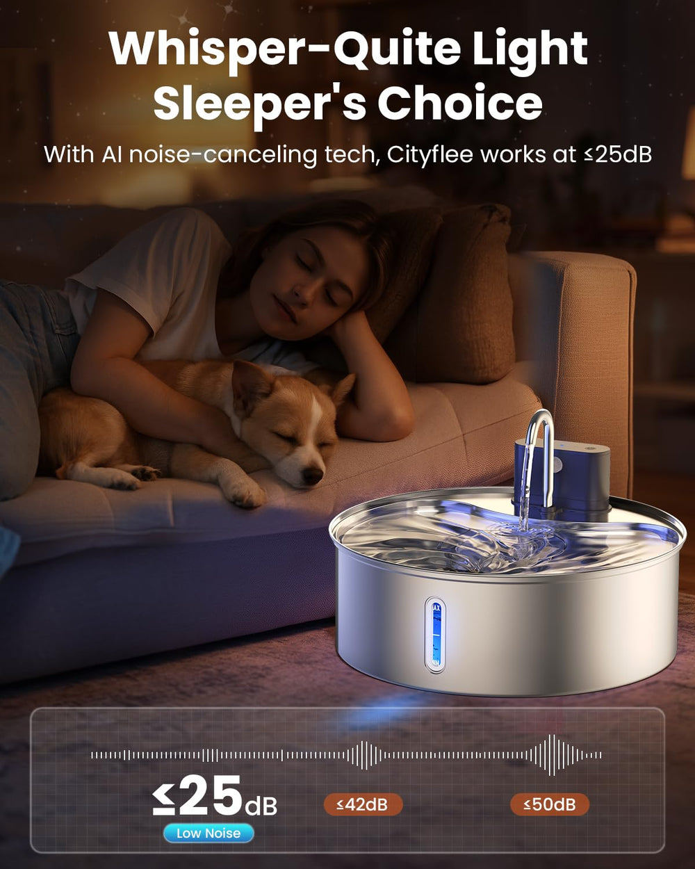 Cityflee wireless dog water fountain ultra-quiet pump keeps nighttime hours peaceful