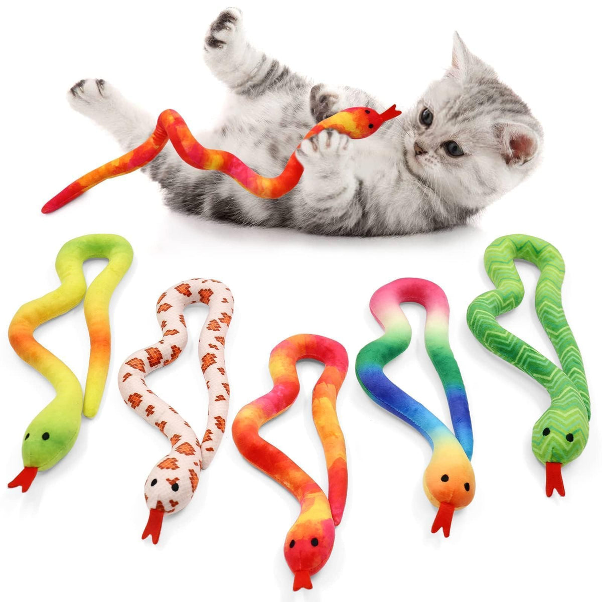Ciyvolyeen snake cat toys 5-pack packaging shows an engaging indoor play set for curious cats.