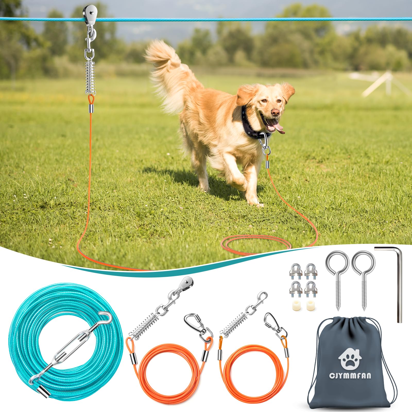 CJYMMFAN Dog Runner Trolley System yard setup demonstrates secure overhead line for outdoor play.