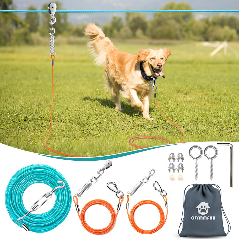 CJYMMFAN Dog Runner Trolley System yard setup demonstrates secure overhead line for outdoor play.
