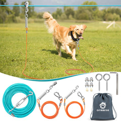 CJYMMFAN Dog Runner Trolley System yard setup demonstrates secure overhead line for outdoor play.