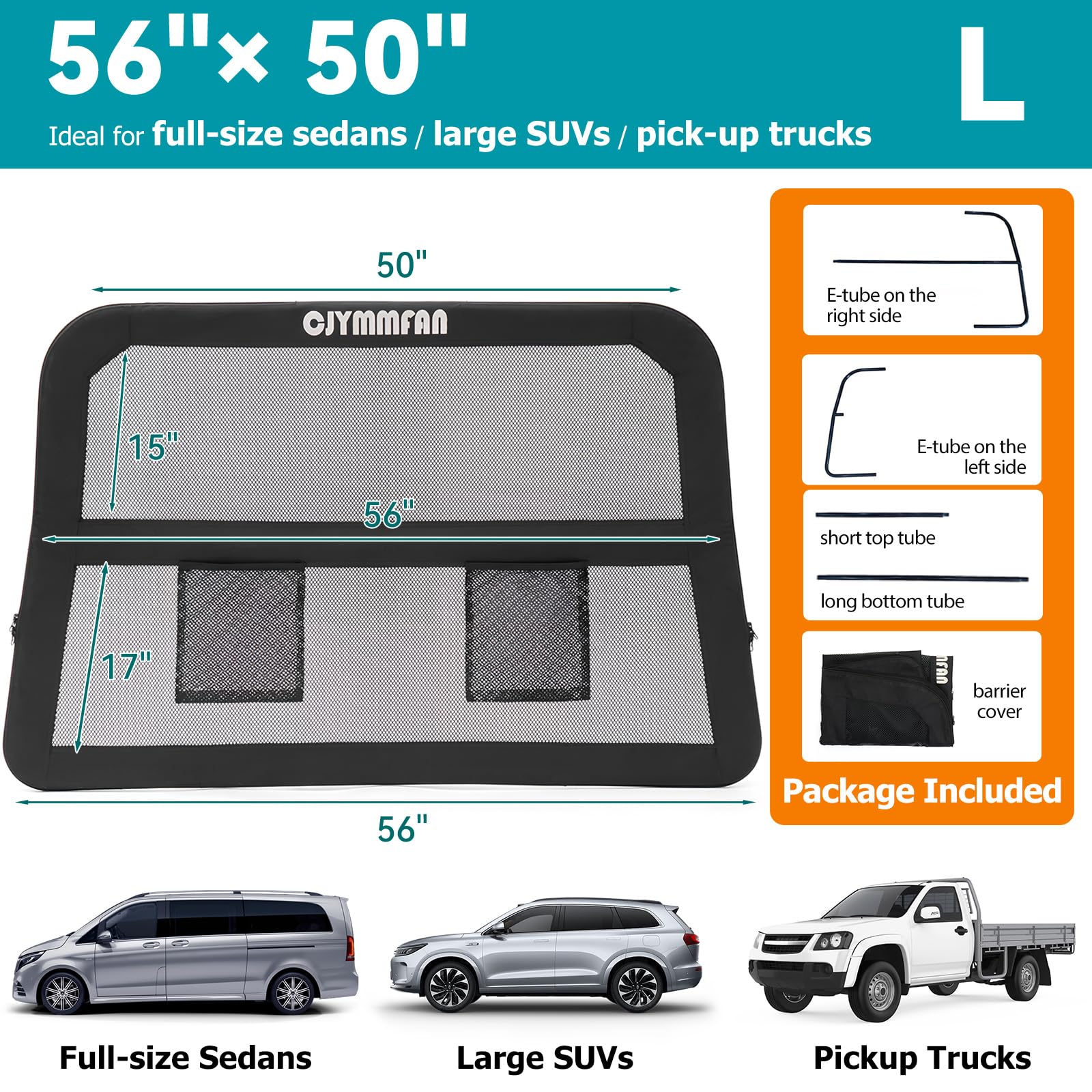 CJYMMFAN dog barrier dual-zone design suits backseat or cargo-area setups.