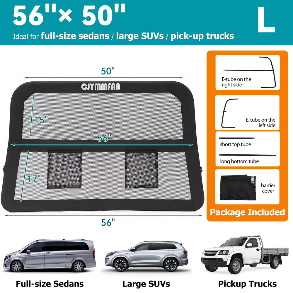 CJYMMFAN dog barrier dual-zone design suits backseat or cargo-area setups.
