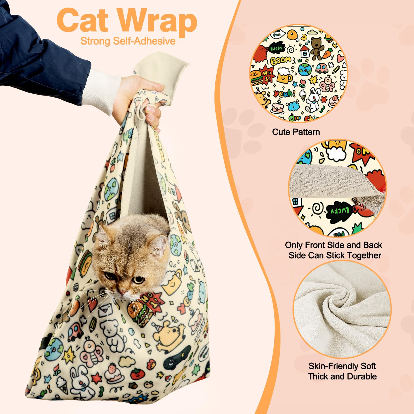 CKNCY cat wrap self-adhesive closure keeps the cat secure during care.