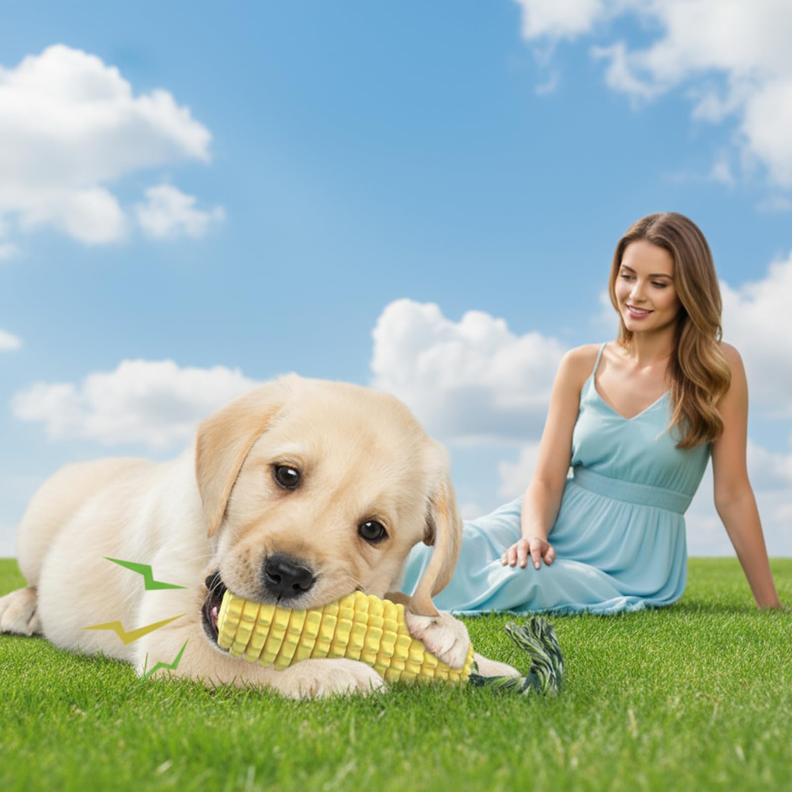 ClariVora corn dog chew toy in use for interactive squeaky play for small dogs.