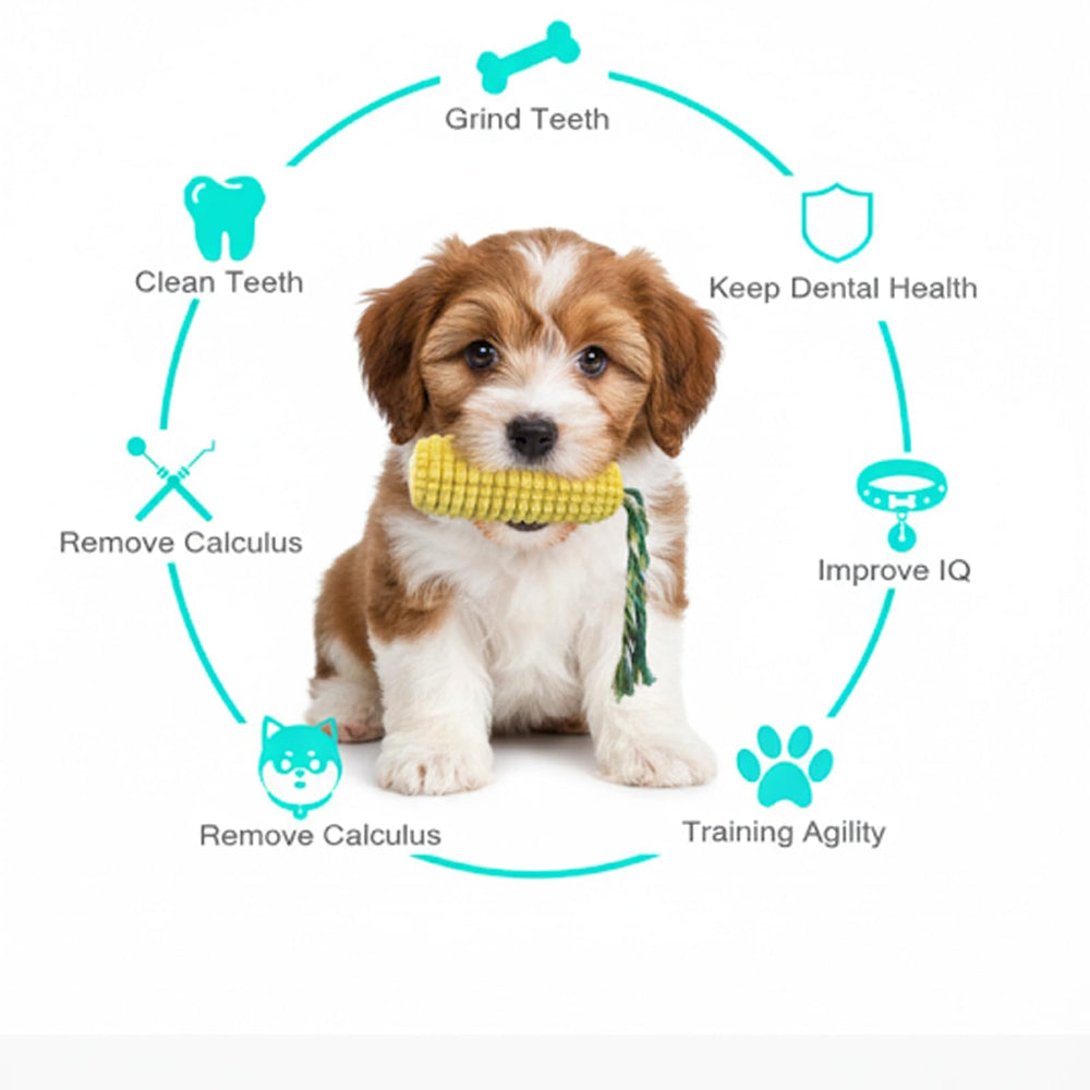 ClariVora corn dog chew toy ridged texture supports cleaning teeth during play.