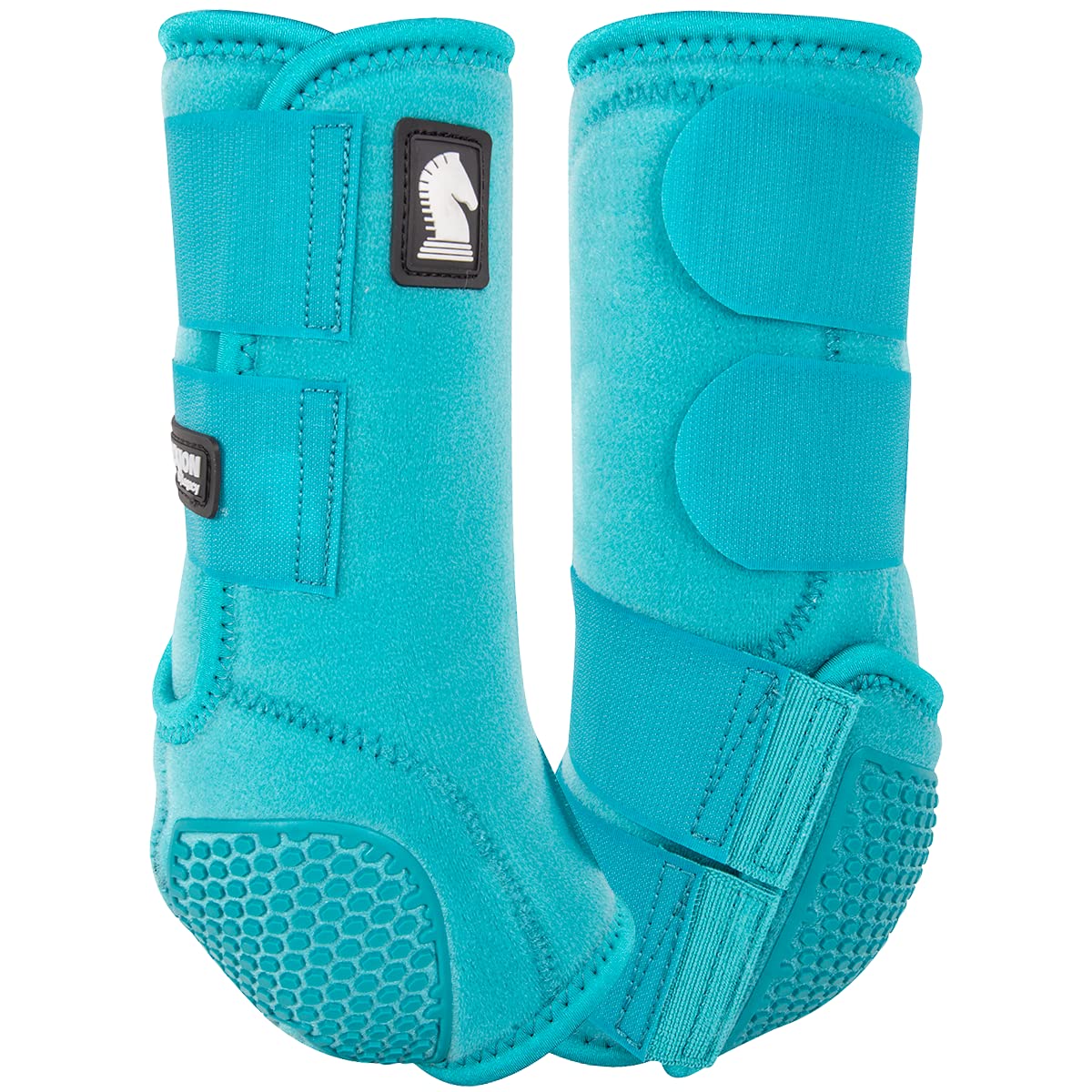 Classic Equine Flexion Legacy2 hind support boot in aqua provides secure fit and fetlock protection during movement.