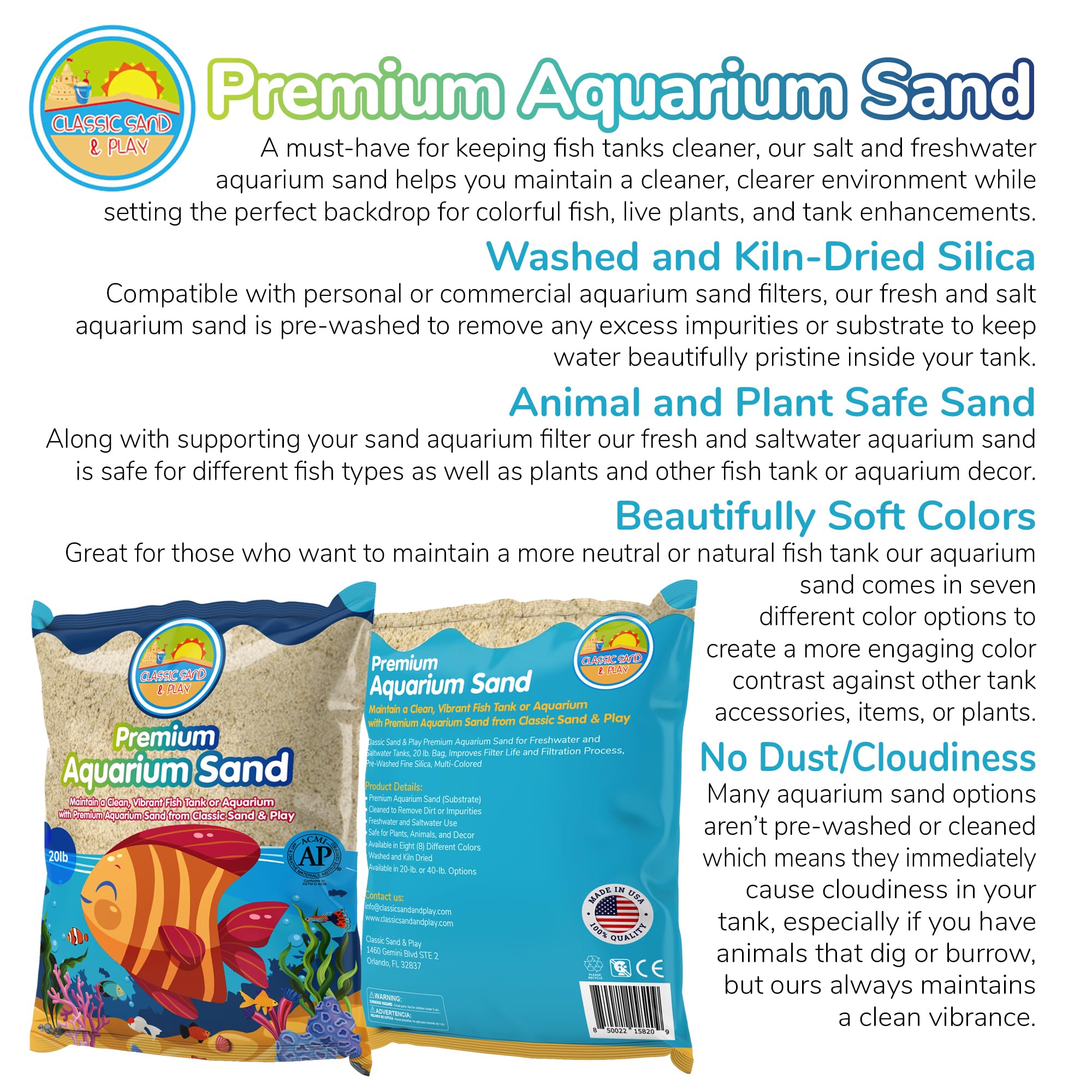 Classic Sand & Play washed kiln dried sand bag for pristine tank setup and easier maintenance.