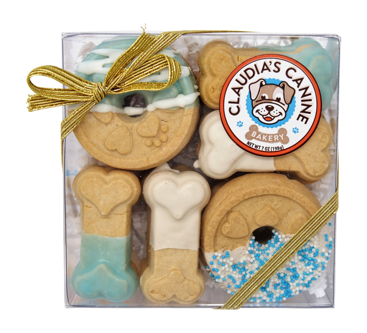 Claudias Canine Bakery blue buddies gift box shows premium dog treats ideal for gifting and travel