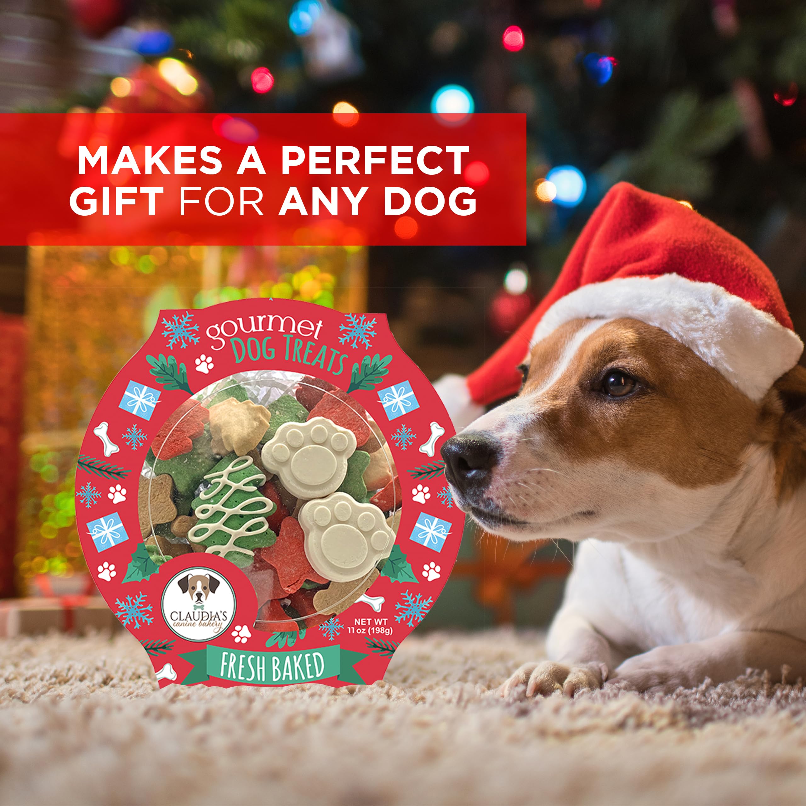 Claudia's Canine Bakery gift-ready packaging image emphasizes North American-made quality