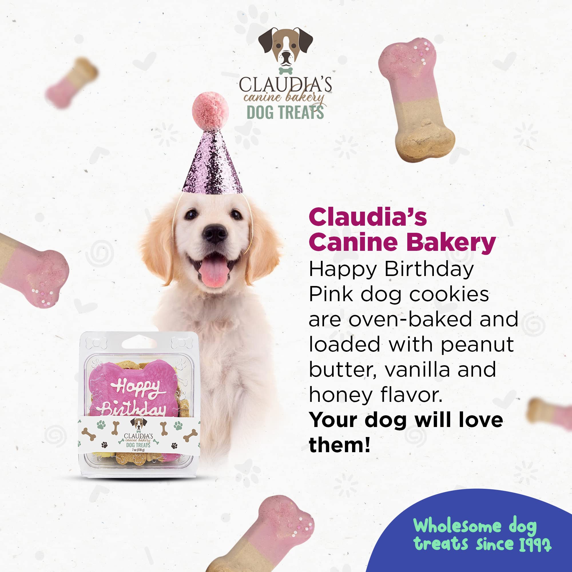 Claudia's Canine Bakery pink dog cookie close-up emphasizes USA-baked quality.