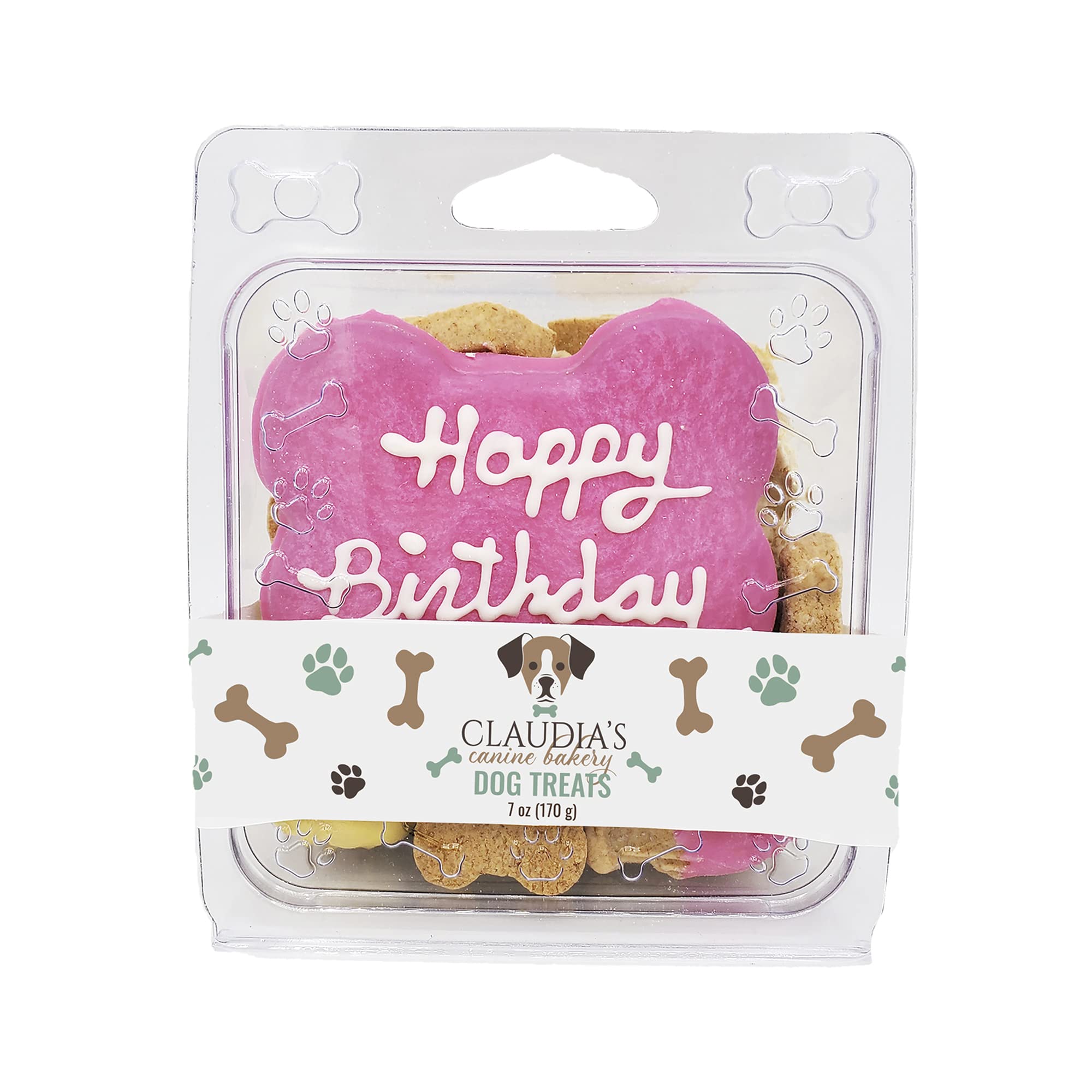Claudia's Canine Bakery pink birthday cookie clamshell close-up for celebratory treats.