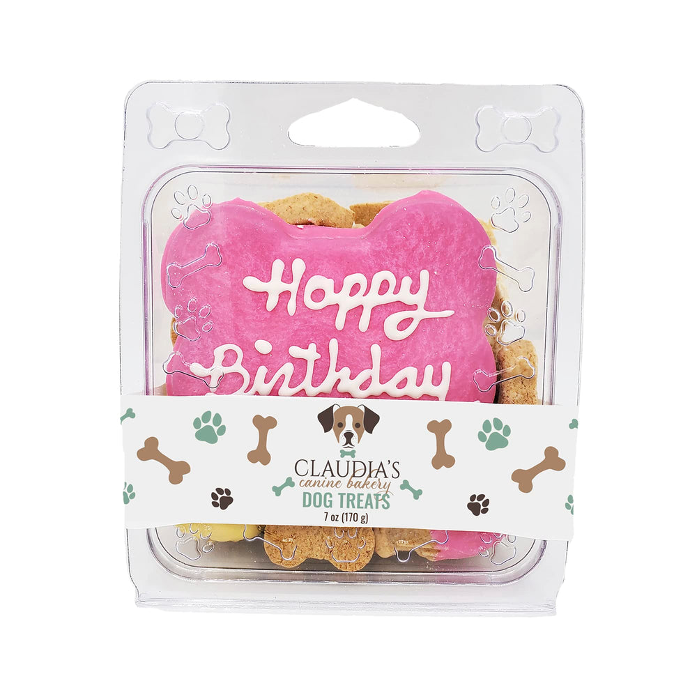 Claudia's Canine Bakery pink birthday cookie clamshell close-up for celebratory treats.