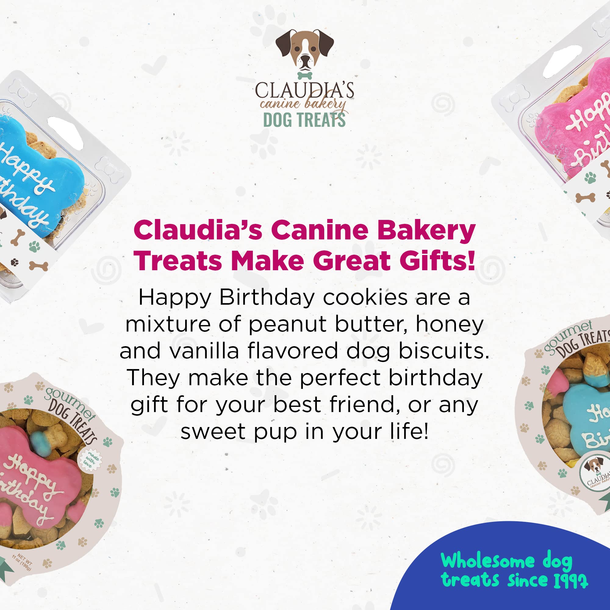 Claudia's Canine Bakery USA-baked pink cookies offer a festive dog treat.