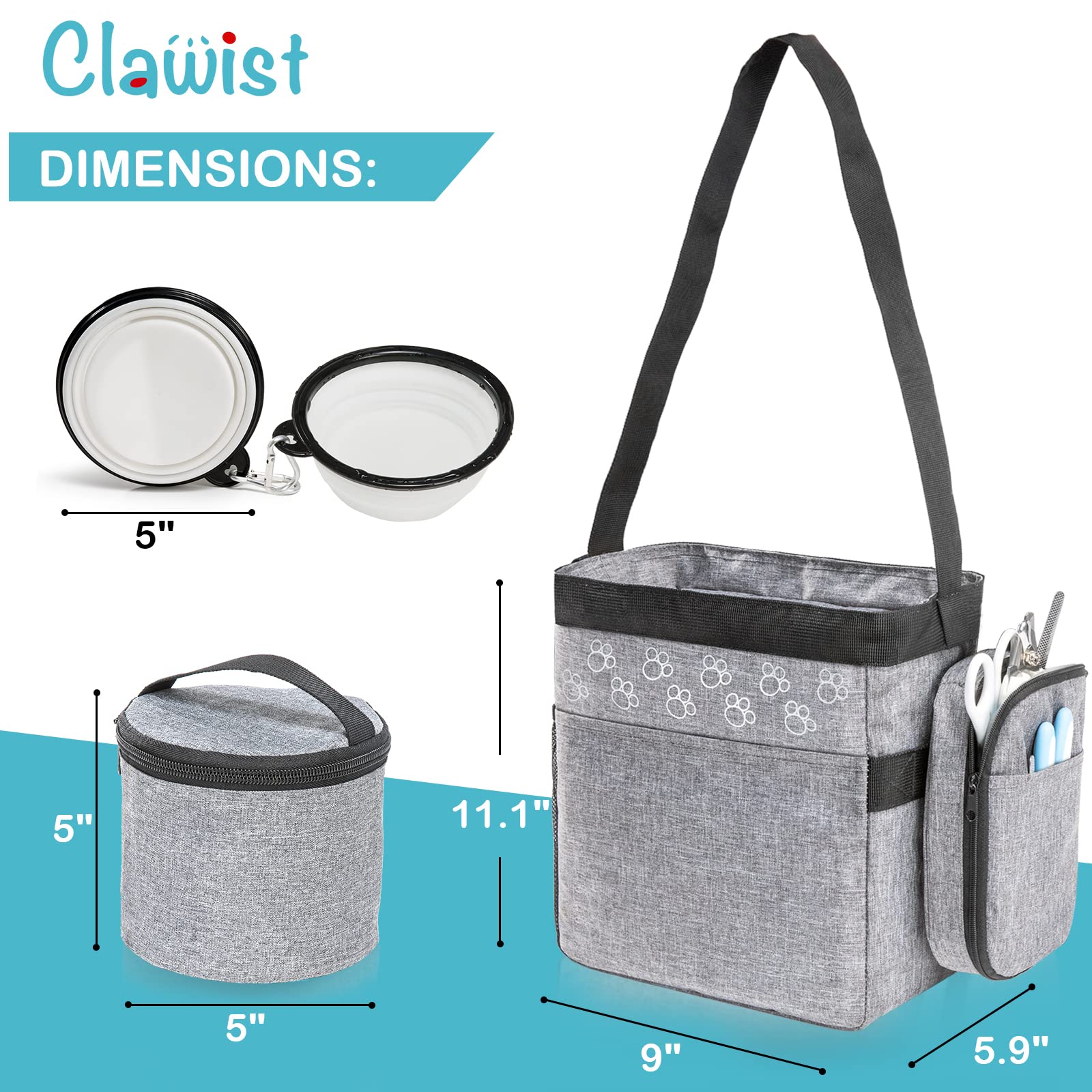 CLAWIST dog travel bag back pocket shows garbage bag dispenser for easy waste management