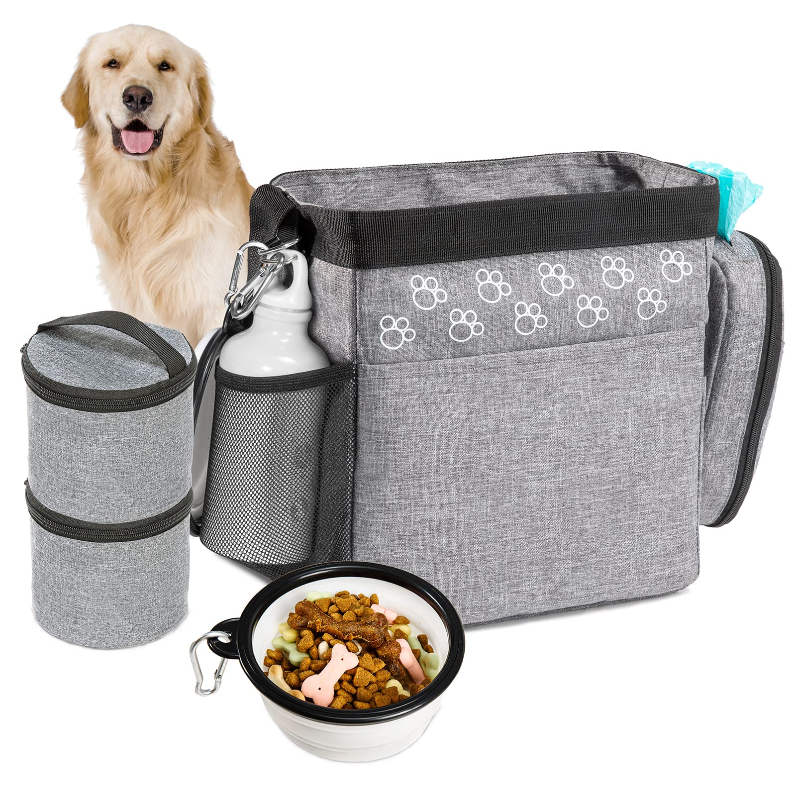 CLAWIST dog travel bag open main compartment reveals dual food containers for on the go meals