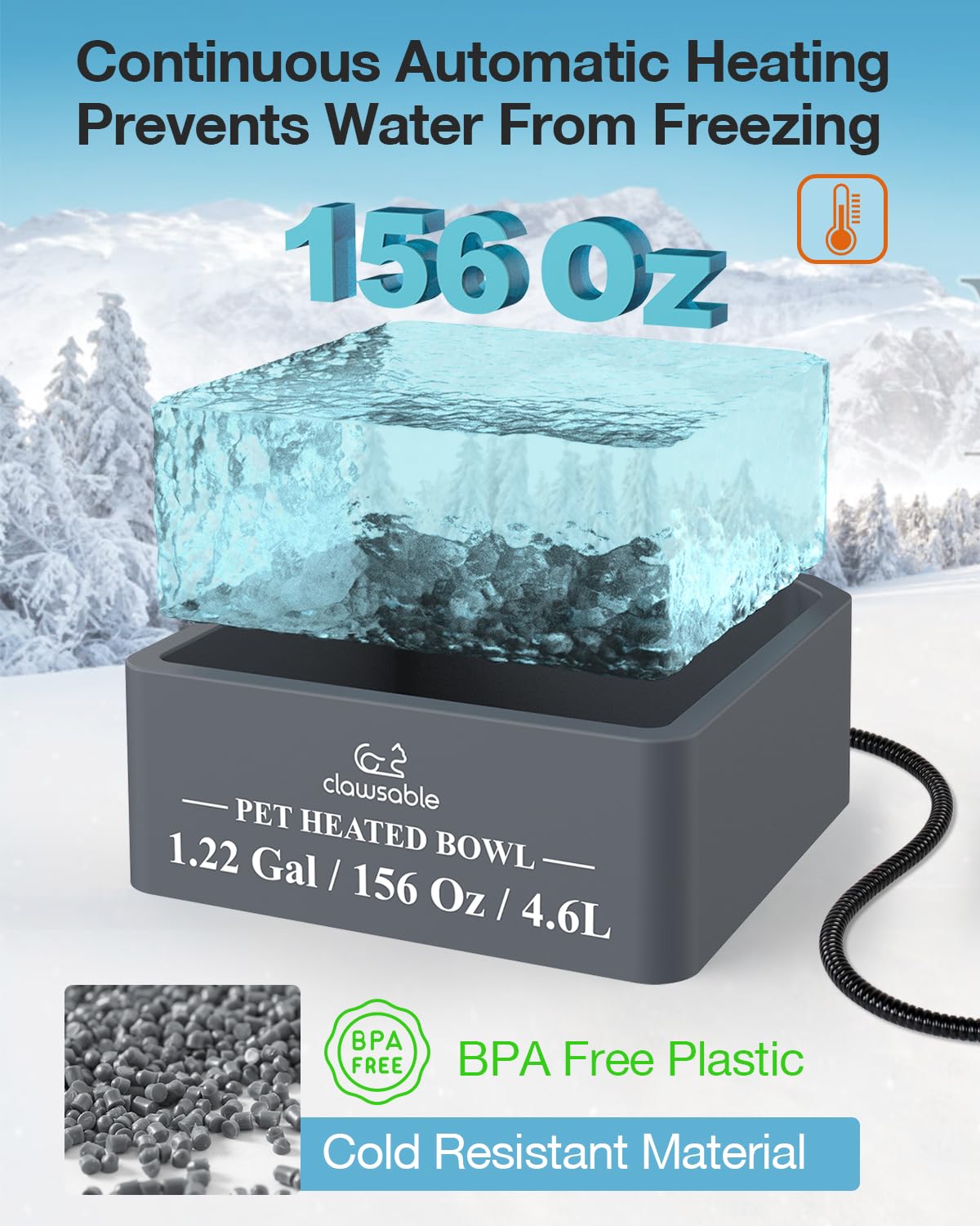 Clawsable heated water dish 156oz capacity ensures ample water for multiple pets