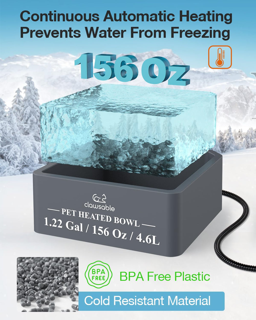 Clawsable heated water dish 156oz capacity ensures ample water for multiple pets