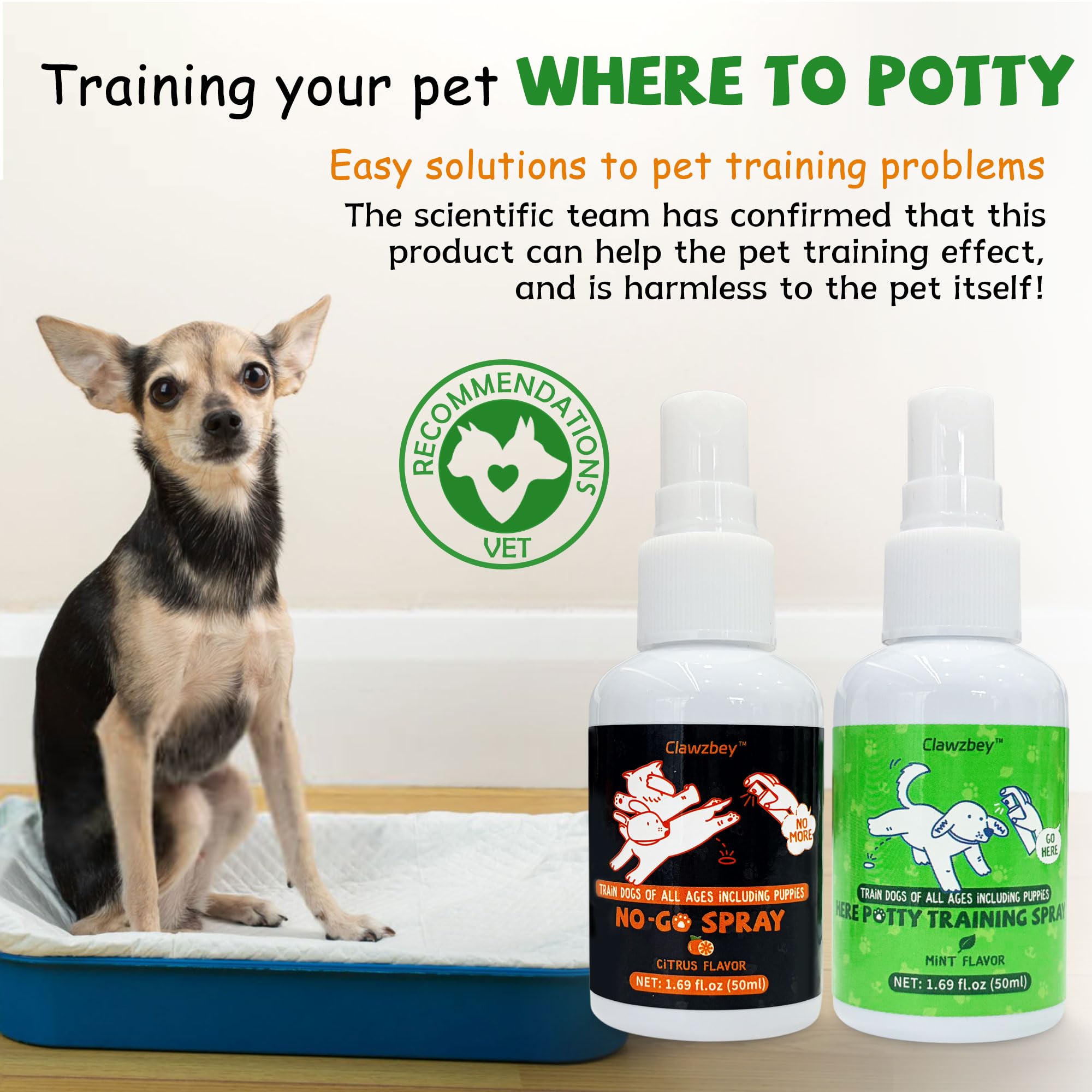 Clawzbey Here Potty Training Spray attracts pets to designated potty spots.