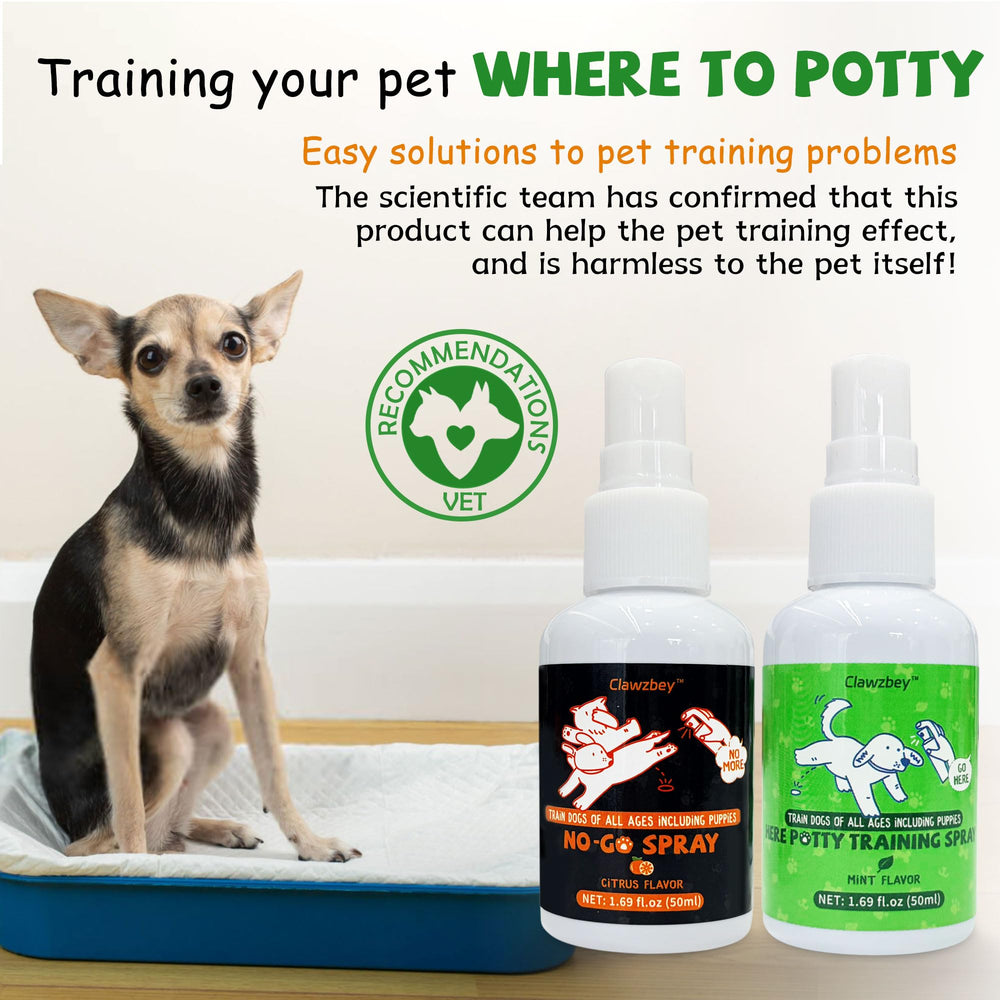 Clawzbey Here Potty Training Spray attracts pets to designated potty spots.