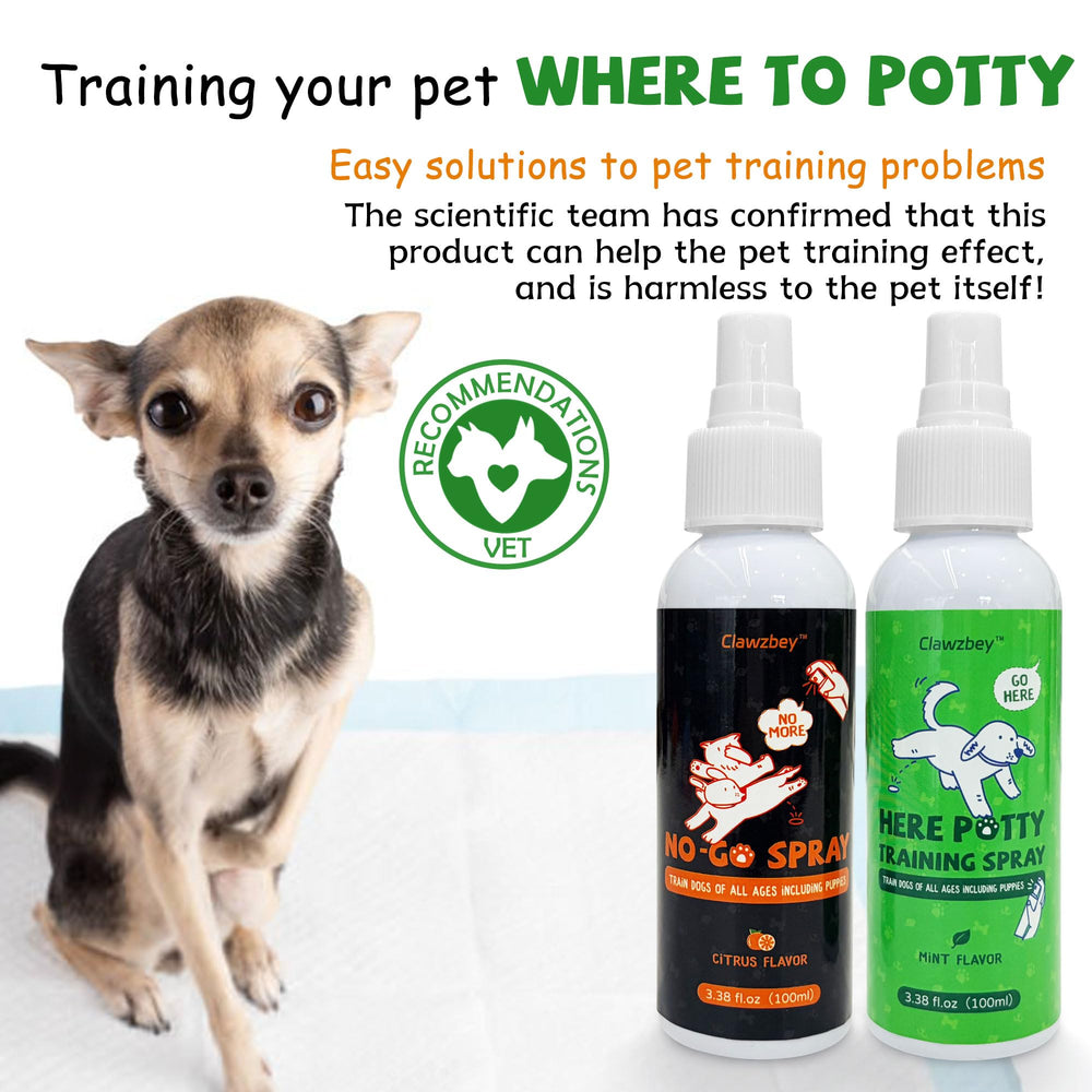 Clawzbey Here Potty Spray guides dogs to designated potty spots for training.