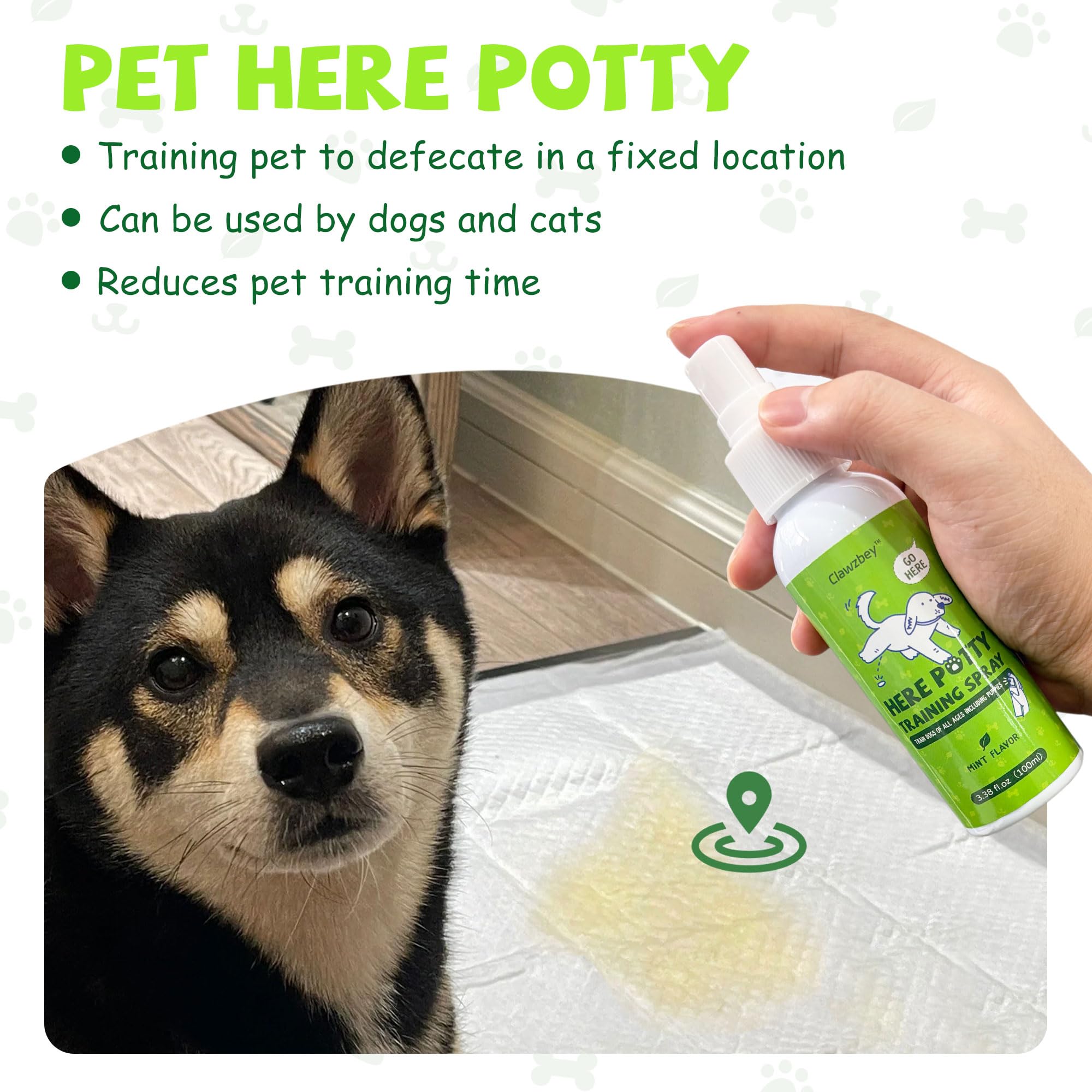 Clawzbey Potty Training Spray is shown applying precisely on mats and grass.