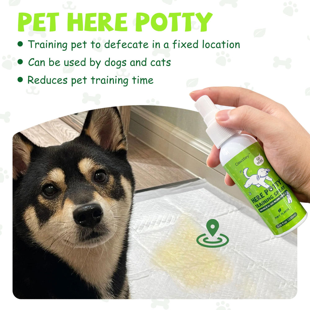 Clawzbey Potty Training Spray is shown applying precisely on mats and grass.