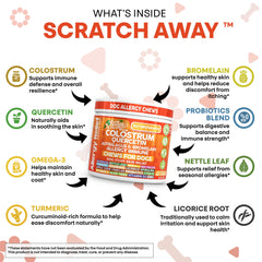 Clean Nutraceuticals dog allergy ingredients collage featuring colostrum quercetin and bromelain