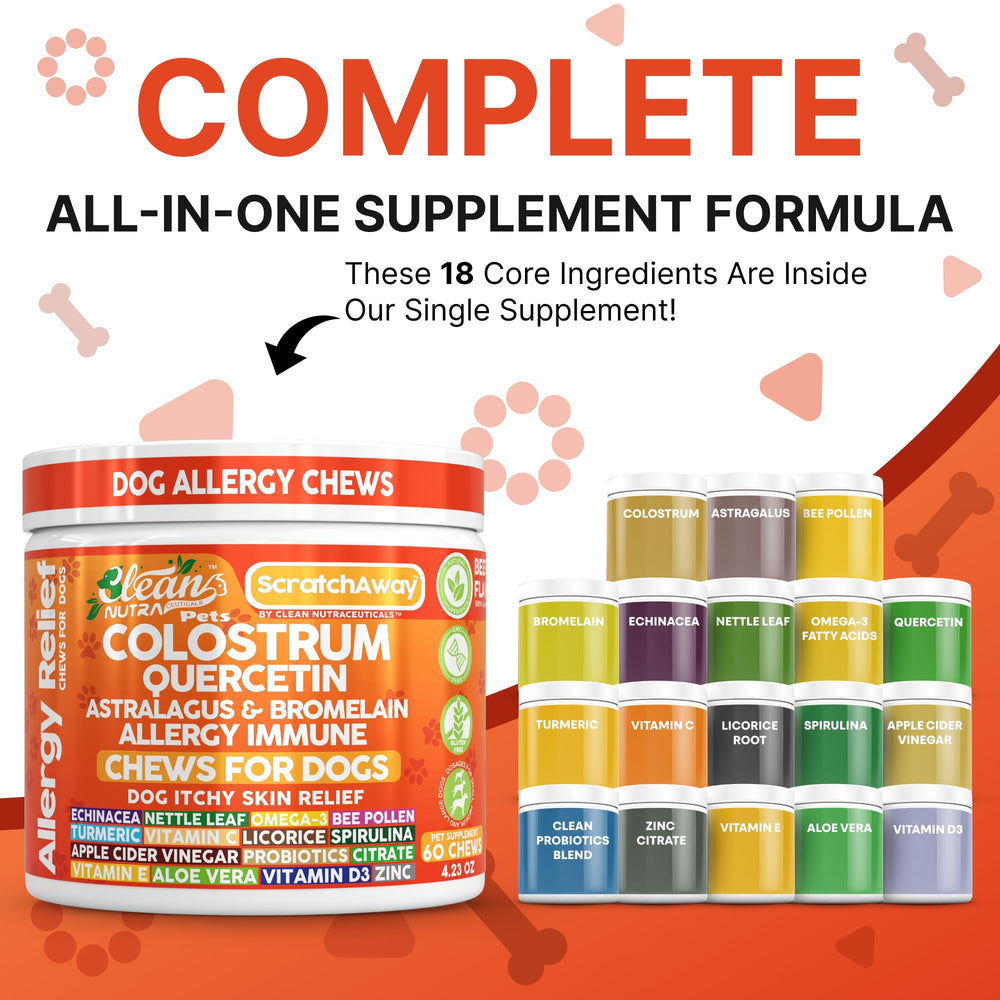 Clean Nutraceuticals dog itch relief chews bottle showcasing salmon oil boost for skin and coat