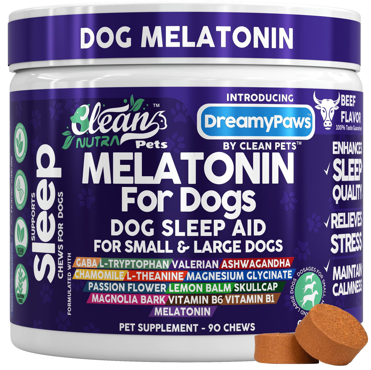 Clean Pets Dreamy Paws package shows beef-flavored calming chews for restful nights