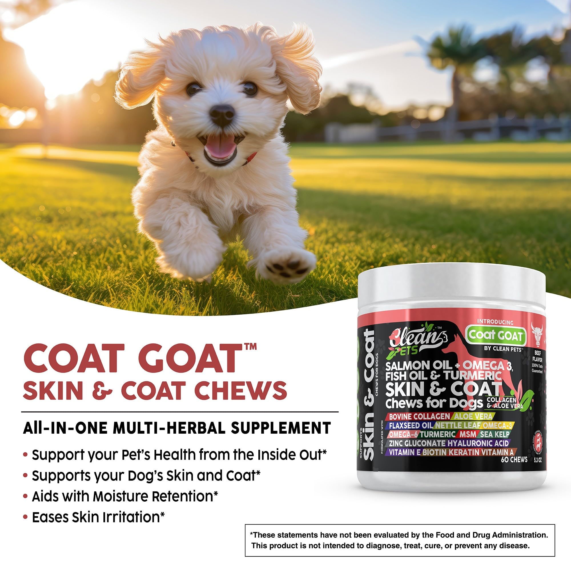 Clean Pets omega-3 for dogs image showing potential coat shine.