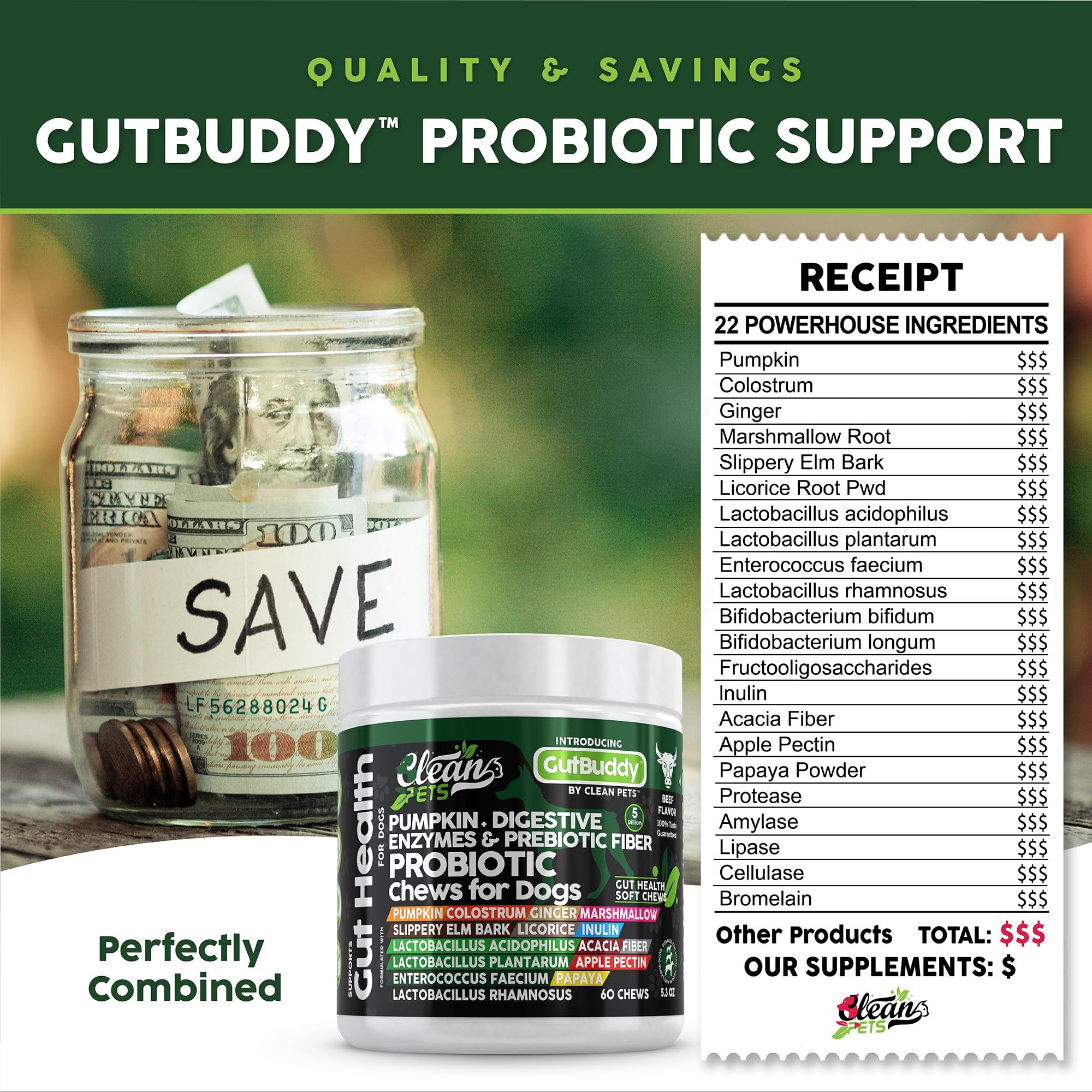 Clean Pets probiotics for dogs beef soft chews packaging design emphasizes probiotic blend.