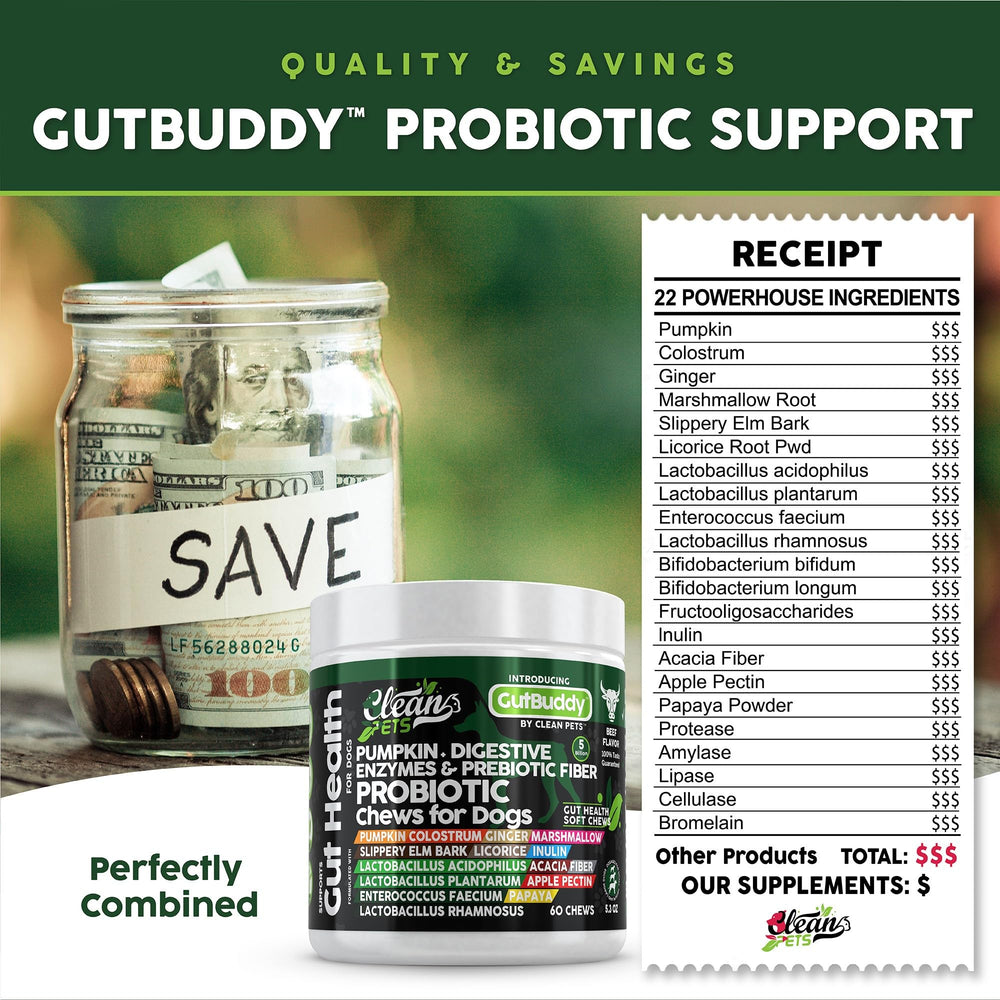 Clean Pets probiotics for dogs beef soft chews packaging design emphasizes probiotic blend.
