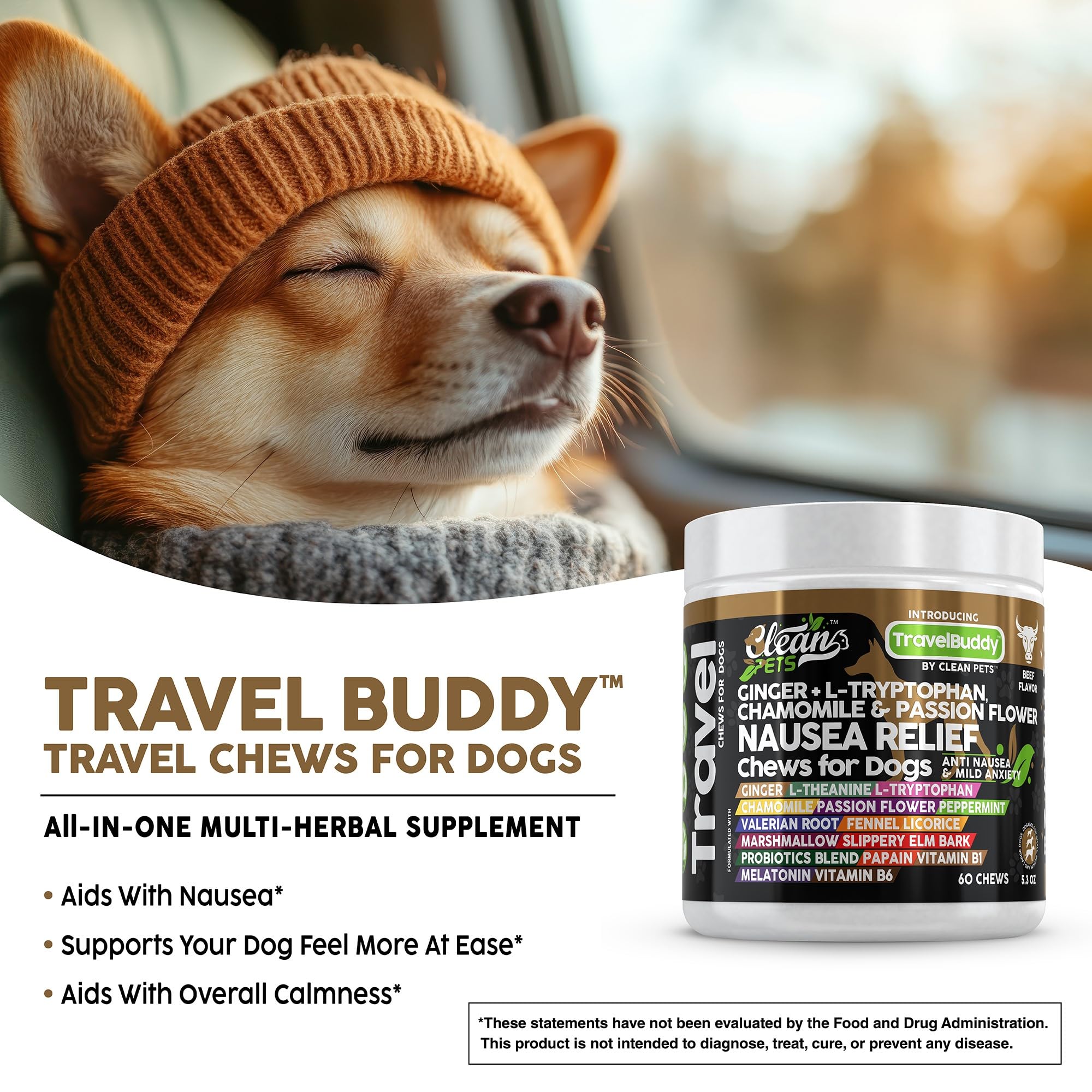 Clean Pets Travel Chews melatonin-calm formula promotes peaceful rest after travel