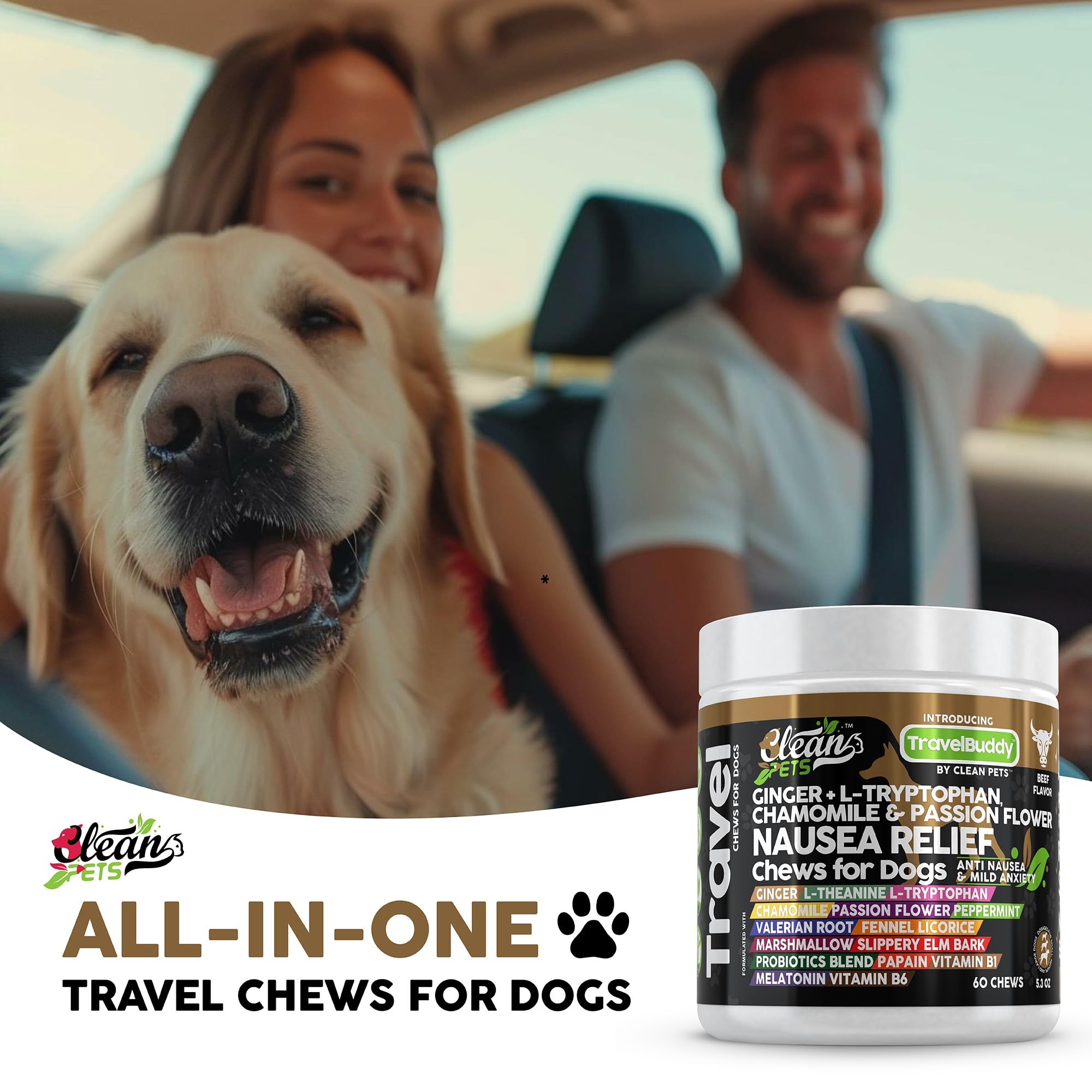 Clean Pets Travel Chews peppermint-ginger for fresh breath and nausea control