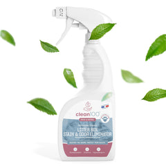 Clean100 cat litter box cleaner spray bottle for odor removal and stain protection.