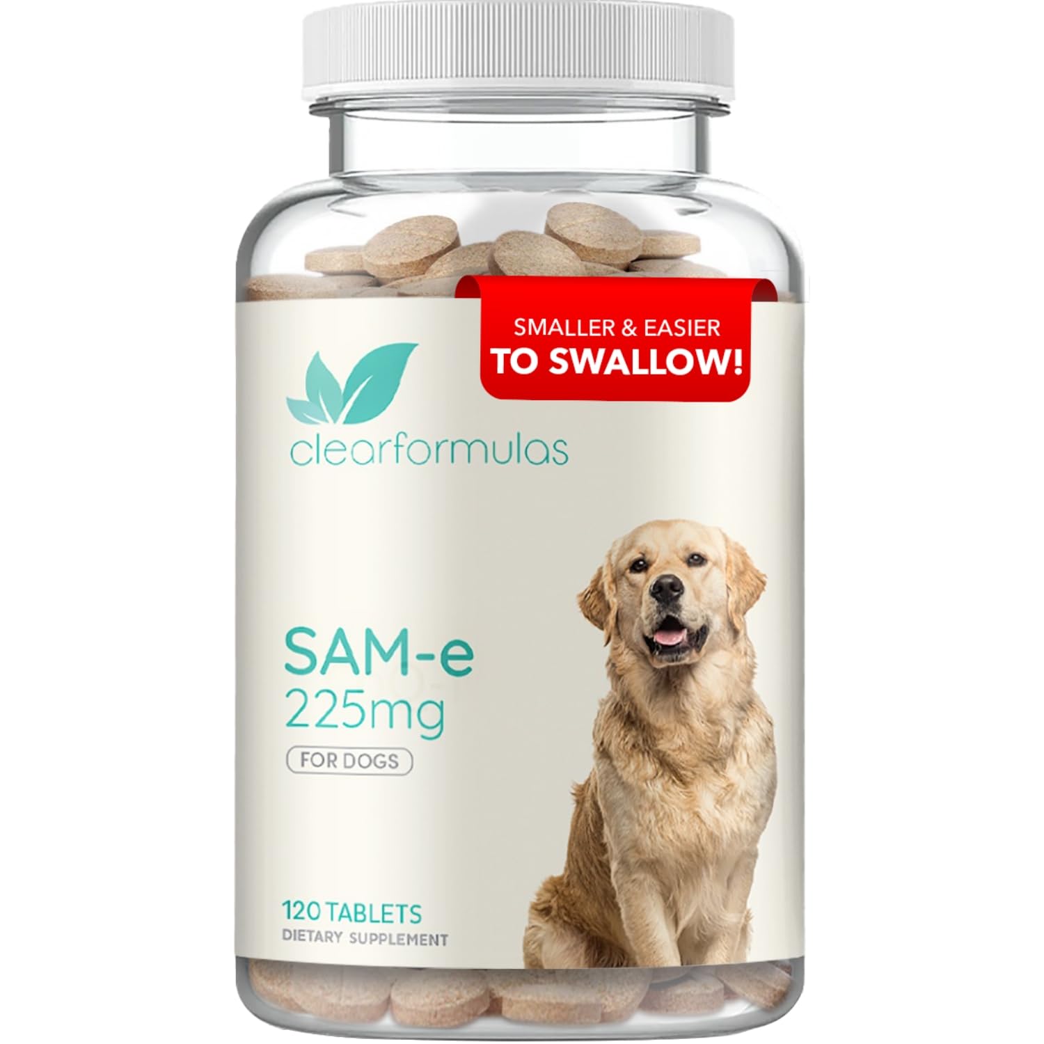 Clear Formulas liver-support SAM-e bottle shows easy daily dosing for dogs.