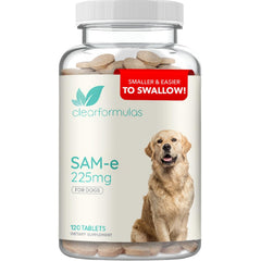 Clear Formulas liver-support SAM-e bottle shows easy daily dosing for dogs.