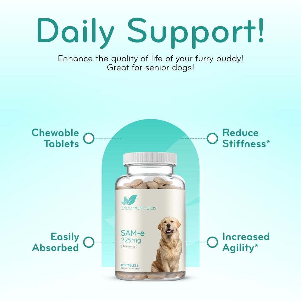 Clear Formulas SAM-e bottle close-up highlights easy absorption for pets.