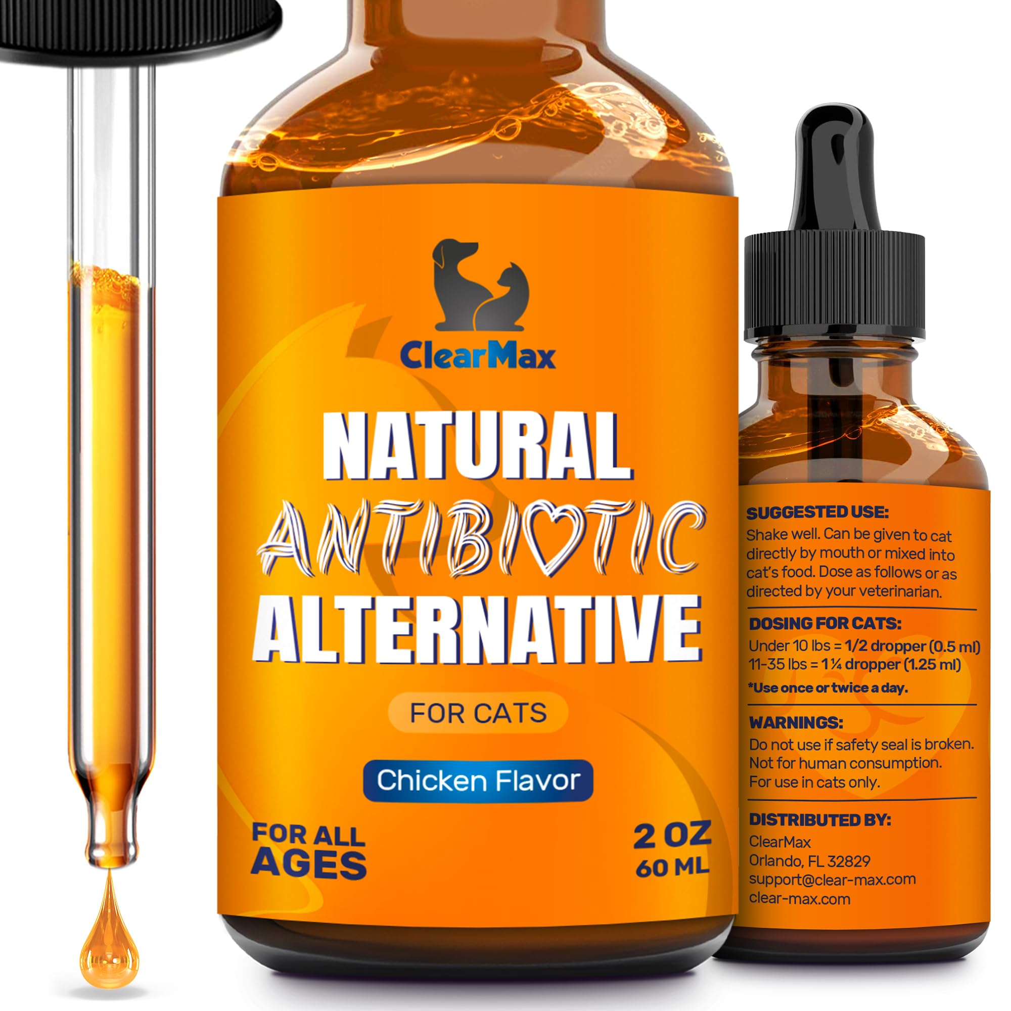 Clear Max Cat Antibiotic bottle front showing chicken flavor and 2 oz size for easy dosing.