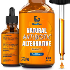 Clear Max natural antibiotics for dogs bottle shows organic formula promoting urinary comfort.