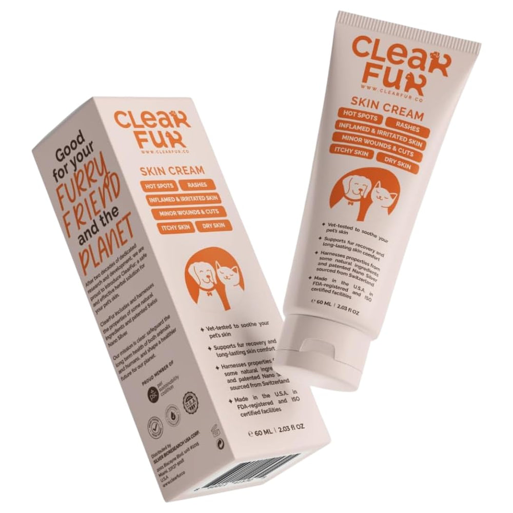 ClearFur hot-spot cream jar showing quick relief for irritated pet skin