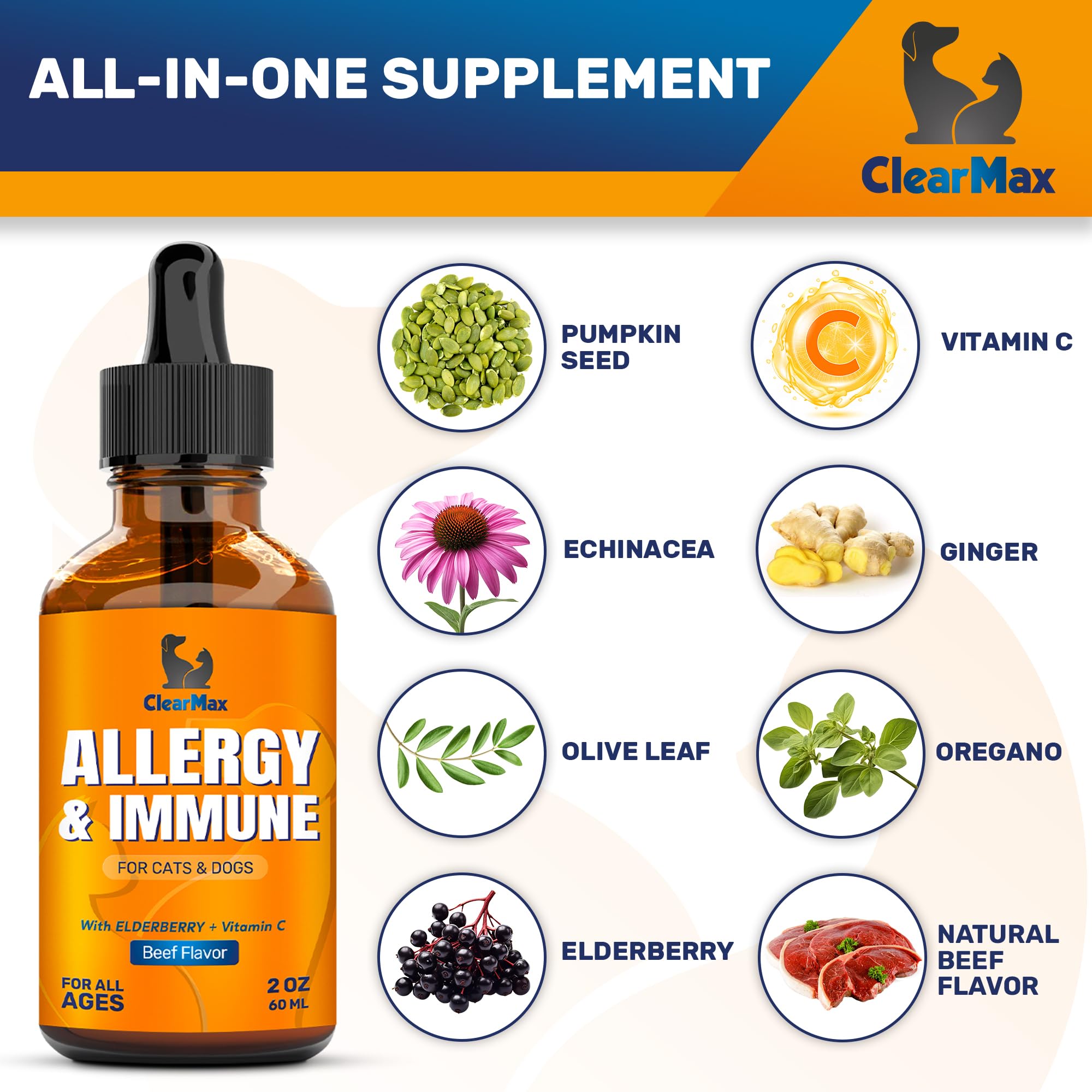 Clear Max echinacea drops illustrate immune-supporting ingredients for pets.
