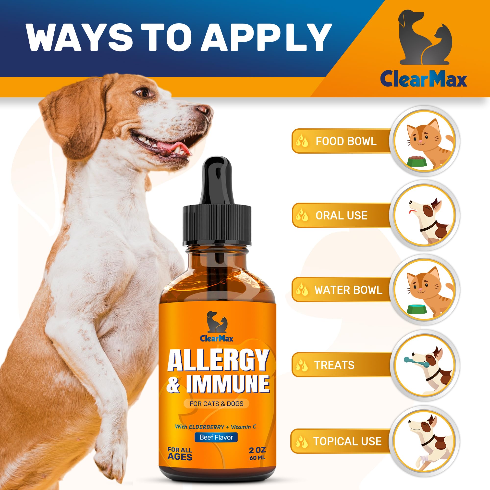 Clear Max elderberry drops emphasize vitamin C for pet wellness.