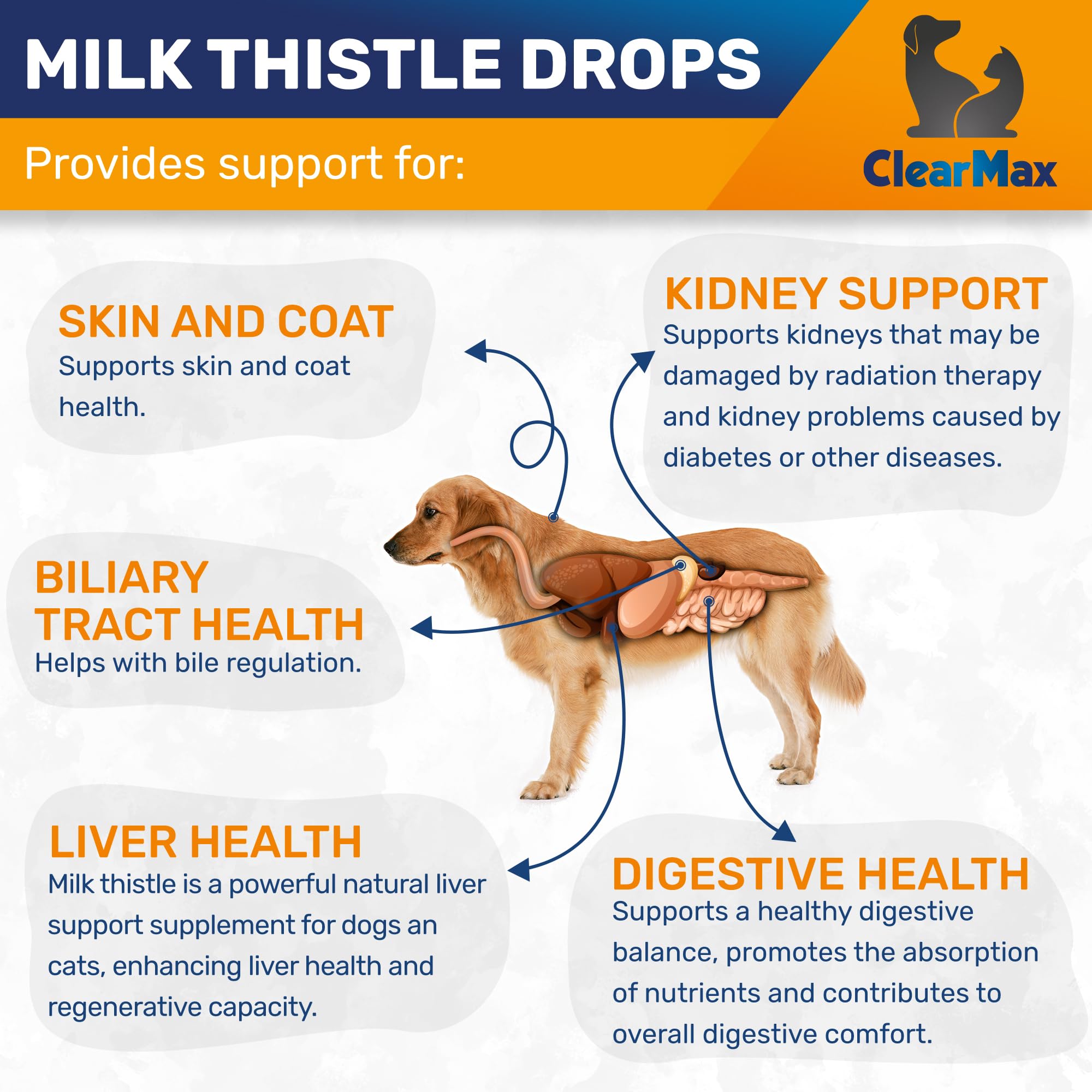 Clear Max Milk Thistle bottle label shows GMO-free, vet-approved formula